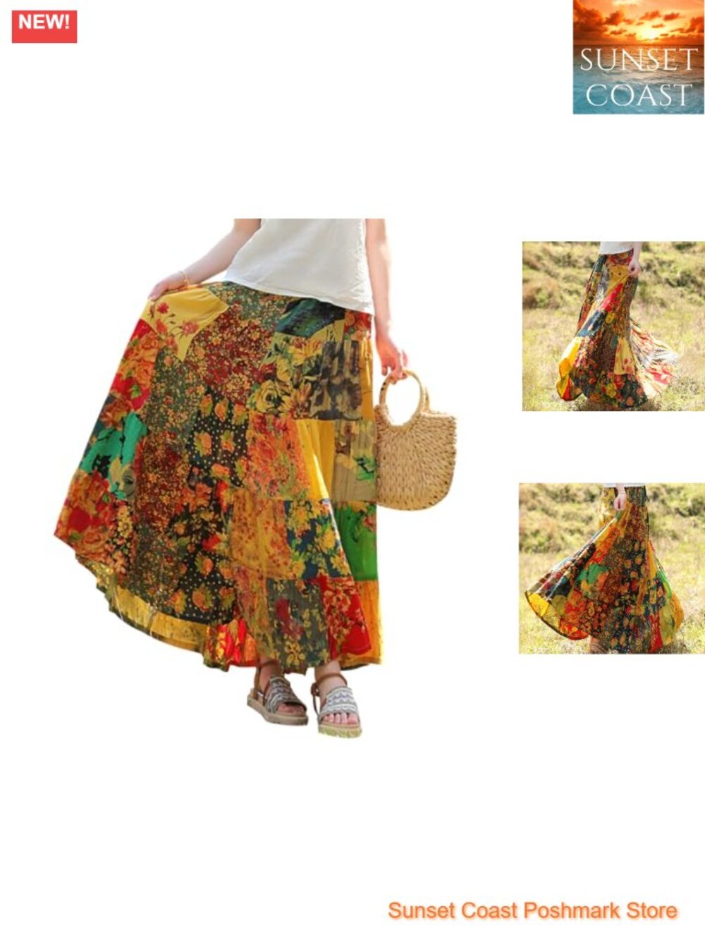 Boho Printed Cotton Linen Maxi Skirt Casual Patchwork Beach Outfit